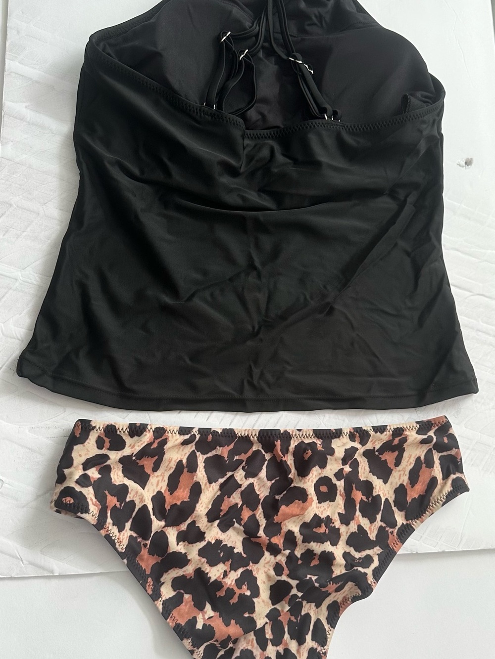 Black Tankini Top with Leopard Print Bikini Bottom